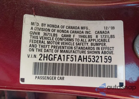 2010 Honda Civic Lx from USA, damaged, VIN 2HGFA1F51AH532159
